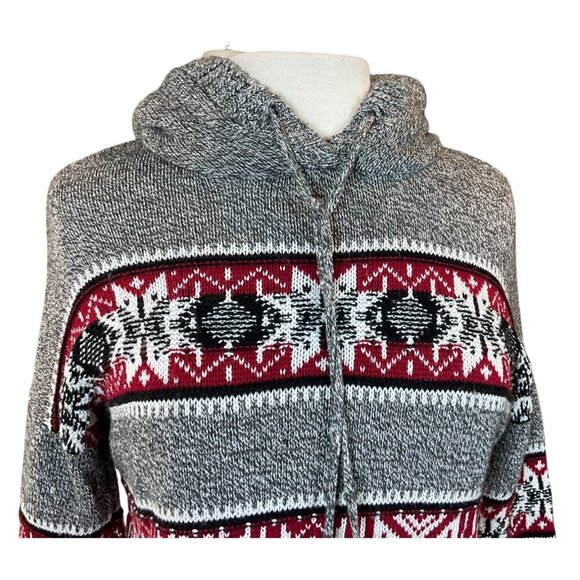 Yet Again LS Snowflake Cropped Sweater Pom Pom Tie Fleece Hood Jrs M Gray & Red - Picture 2 of 9